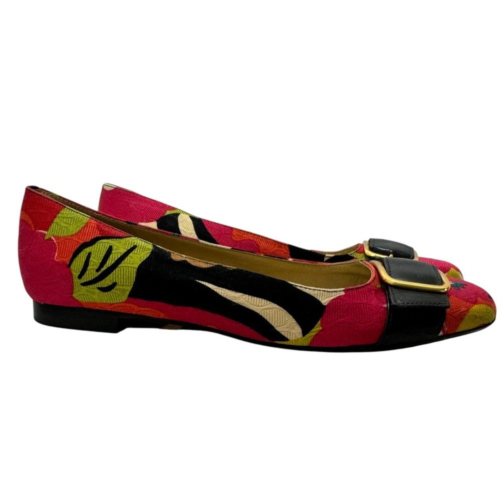 Talbots Preppy Cottage Floral Fabric Ballet Flats Pink Green Buckle Square Toe 8